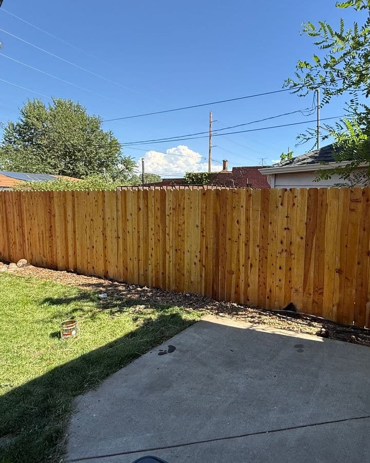 A long run of new cedar privacy fence along a backyard.