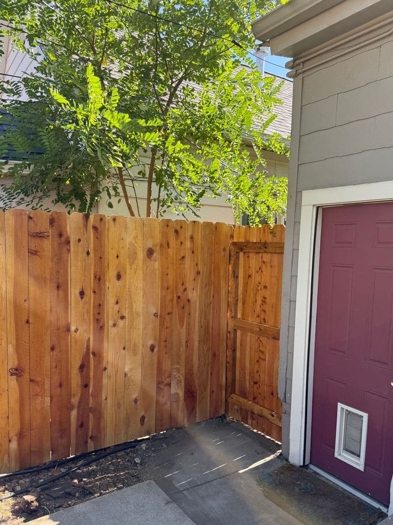 A new cedar fence with a gate beside a house door.